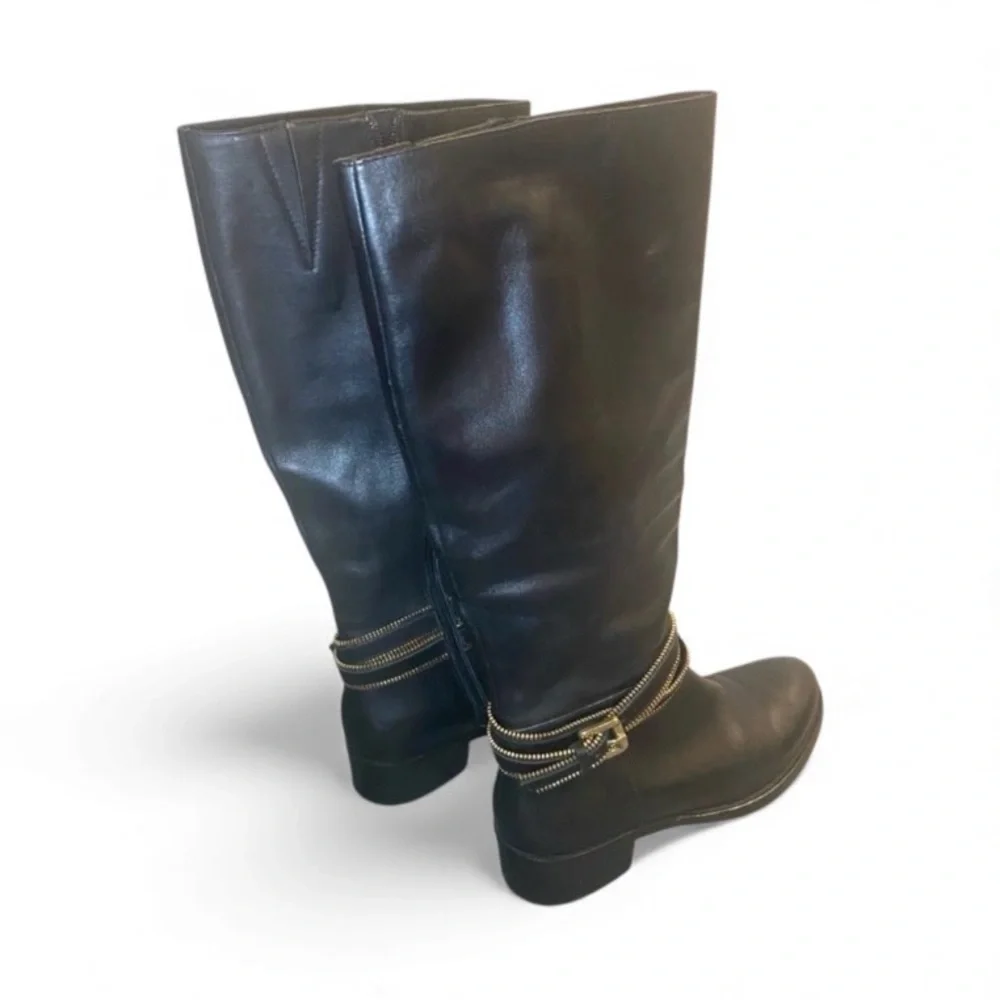 NWOB Heyraud Knee High Black Leather Boots With Gold Hardware - Size 40